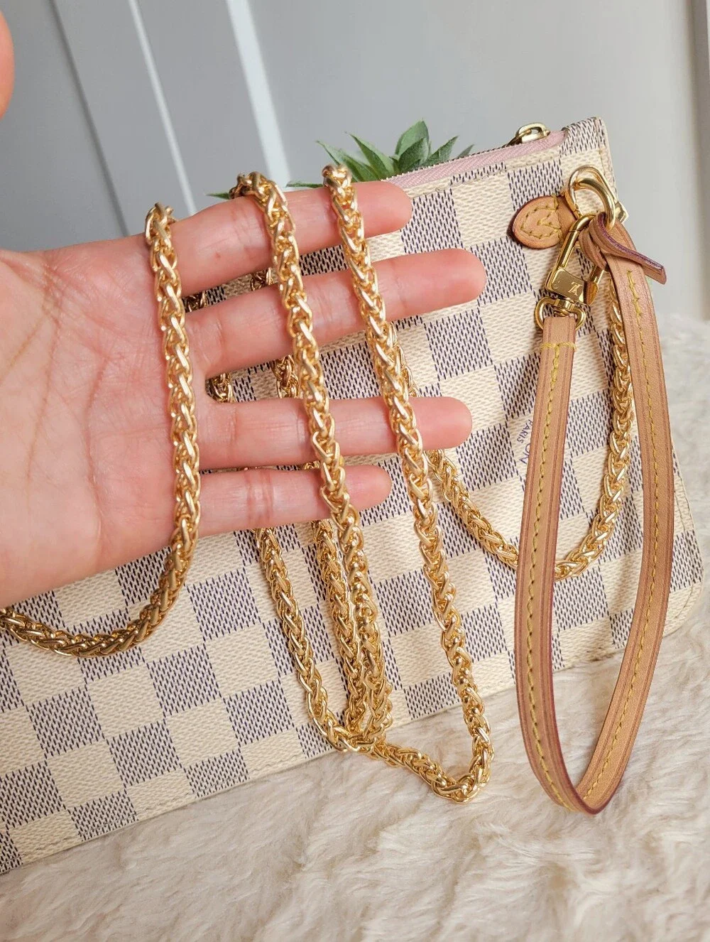 Louis Vuitton Neverfull Mm Clutch Wristlet Damier Azur Rose Ballerine